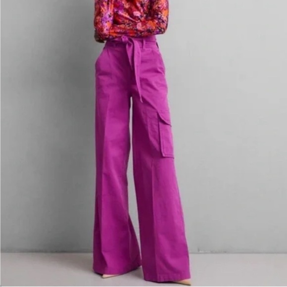 VERONICA BEARD BelisaHigh-Rise Wide Leg Cargo Pants- Bright Magenta - 25